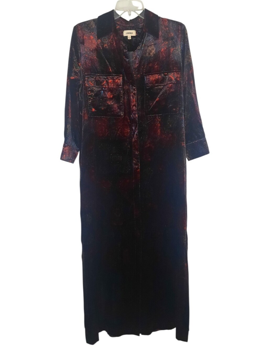 L'AGENCE Cameron Velvet Maxi Shirt Dress Medallion Paisley Black Red Blue XS T